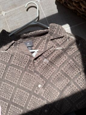 H&M Taupe Open-Knit Button-Up Shirt